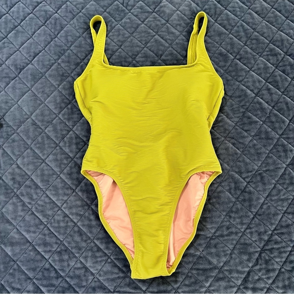 J. Crew Chartreuse One-Piece Swimsuit with Peach Lining lime bright neon green